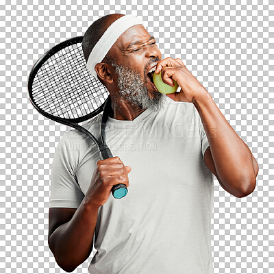 Buy stock photo One happy mature african american man standing in studio and posing with a tennis racquet. Smiling black man feeling fit and sporty while playing a match. Ready for the court isolated on a png background