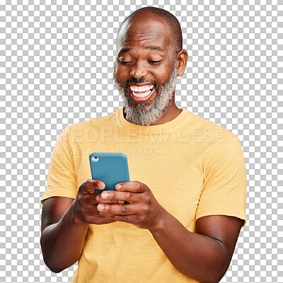 Buy stock photo One happy African American man standing holding and using his cellphone to browse the internet. Smiling black man laughing while browsing his phone for social media isolated on a png background