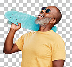 One mature african american man standing with a mini skateboard in studio isolated Handsome and carefree man wearing sunglasses and laughing happily. He is ready for summer isolated on a png background