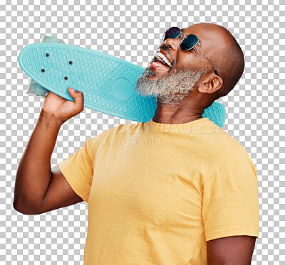 Buy stock photo One mature african american man standing with a mini skateboard in studio isolated Handsome and carefree man wearing sunglasses and laughing happily. He is ready for summer isolated on a png background