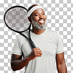 One happy mature african american man standing against a isolated on a png background and posing with a tennis racquet. Smiling black man feeling fit and sporty while playing a match. Ready for the court