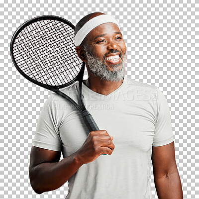 Buy stock photo One happy mature african american man standing against a isolated on a png background and posing with a tennis racquet. Smiling black man feeling fit and sporty while playing a match. Ready for the court