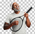 A mature african american male using a tennis racket as a guitar and singing against isolated on a png background. Black african man wearing a sweatband on his head having fun and smiling while singing. You've got to let your voice be heard