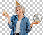 One happy mature caucasian woman holding a disco ball and drinking a glass of white wine while wearing a birthday hat in the studio. Smiling white lady celebrating isolated on a png background