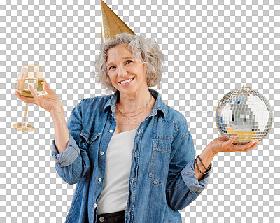 Buy stock photo One happy mature caucasian woman holding a disco ball and drinking a glass of white wine while wearing a birthday hat in the studio. Smiling white lady celebrating isolated on a png background
