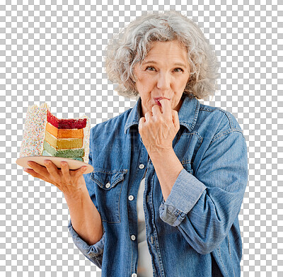 Buy stock photo One happy mature caucasian woman holding a colourful cake with a slice missing against isolated on a png background. Smiling white lady showing joy and happiness while celebrating her birthday 