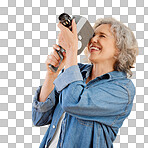 One happy caucasian woman standing against isolated on a png background and taking a picture on a camera. Confident cheerful caucasian lady holding a camera and taking a photograph. Smile and pose
