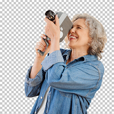 Buy stock photo One happy caucasian woman standing against isolated on a png background and taking a picture on a camera. Confident cheerful caucasian lady holding a camera and taking a photograph. Smile and pose