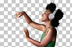 Dance, studio and black woman dancing to music in headphones while streaming happy audio sounds from a playlist. Freedom, smile and young African girl enjoying listening to radio with mockup space isolated on a png background
