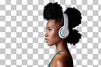 A Music, designer headphones and black woman thinking while listening to podcast African model streaming audio from radio with creative idea nd mock up space isolated on a png background