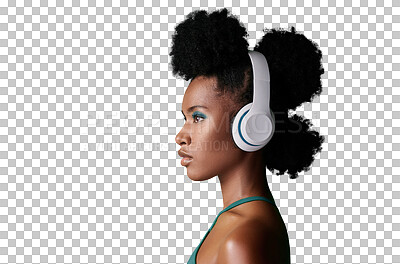 Buy stock photo A Music, designer headphones and black woman thinking while listening to podcast African model streaming audio from radio with creative idea nd mock up space isolated on a png background