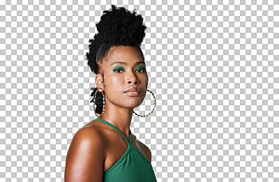 Buy stock photo A Black woman, retro beauty and product placement mockup for advertising and marketing. Portrait of African model in 90s fashion hairstyle for youth, lifestyle and cosmetics isolated on a png background