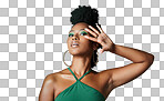 Beauty, fashion and empowerment with a beautiful black woman in studio for style. Makeup, cosmetics and trendy with an edgy female model posing for individuality and equality isolated on a png background