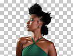 A Beauty in green, makeup or black woman portrait of sexy afro model with fashion, facial makeup or hair care with designer jewelry. Trendy, cosmetics art or edgy girl from Atlanta in studio isolated on a png background