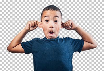 Buy stock photo Studio shot of a cute little boy playfully pulling his ears against a grey background