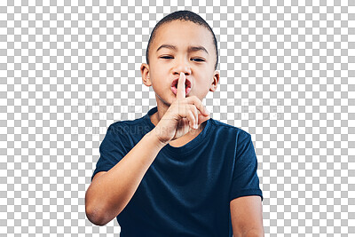 Buy stock photo Studio shot of a cute little boy posing with his finger on his lips against a grey background