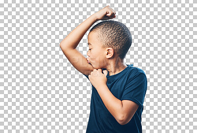 Buy stock photo Studio shot of a cute little boy kissing his muscles against a grey background