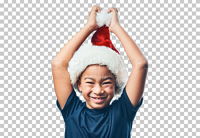 Buy stock photo Studio shot of a cute little boy wearing a Santa hat against a grey background