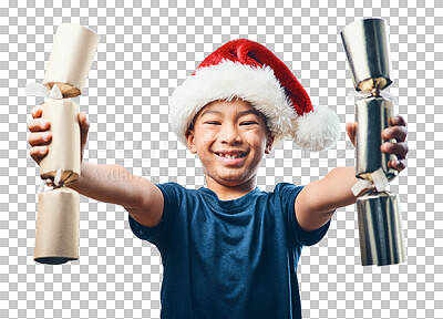 Buy stock photo Studio shot of a cute little boy wearing a Santa hat and holding two Christmas crackers against a grey background