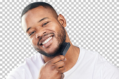 Buy stock photo Studio portrait of a handsome young man brushing his facial hair against a white background