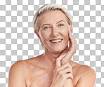 Portrait of a happy smiling mature caucasian woman looking positive and cheerful while posing topless in a studio against purple copyspace background. Older woman doing her skincare routine