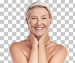 Portrait of a happy mature caucasian woman posing topless against pink background copyspace . Happy senior woman with glowing skin. Good skincare and a healthy routine is self care for your skin