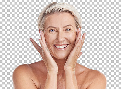 Buy stock photo Portrait of a woman happy face smile with healthy skincare while posing in a studio against purple mockup studio background. Elderly woman doing her wellness skin cosmetic treatment routine