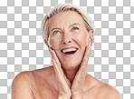 Beautiful mature caucasian woman posing topless and isolated against a pink background copyspace . Happy senior woman with glowing skin. Good skincare and a healthy routine is self care for your skin
