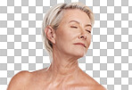 Beautiful mature caucasian woman posing topless and isolated against a pink background copyspace . Happy senior woman with glowing skin. Good skincare and a healthy routine is self care for your skin
