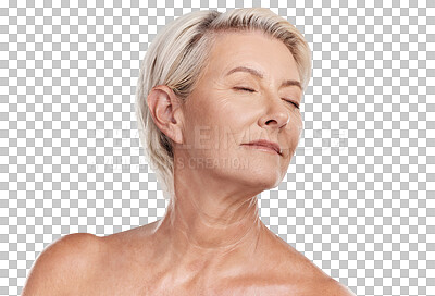 Buy stock photo Beauty, skincare and face of a senior woman posing with closed eyes and topless against grey studio background. Happy old, elderly or mature female with glowing skin due to cosmetic self care
