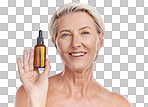 Portrait of a beautiful older woman posing against a purple background while holding an anti ageing serum. Mature woman treating wrinkles with a product and promoting essential oil