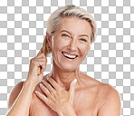 One mature caucasian woman brushing  her hair to remove knots and tangles against a purple studio background. Happy older woman styling her hair