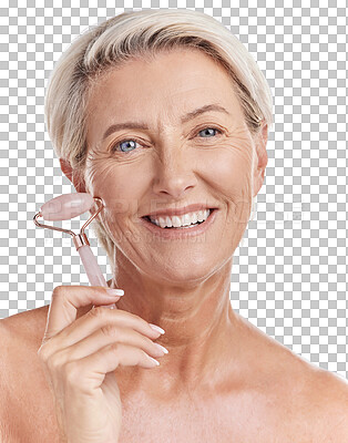 Studio Portrait of a mature woman woman using a rose quartz derma roller during a selfcare grooming routine. Happy older woman using anti ageing tool against purple copyspace background
