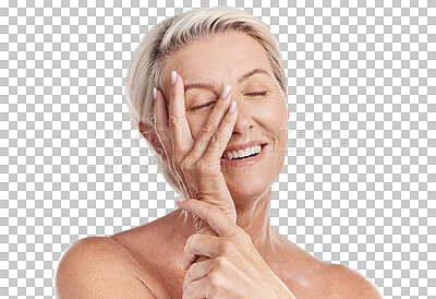 Buy stock photo Skincare, wellness and beauty with a senior woman touching her smooth skin and beautiful face with her hand in studio on a grey background. Natural, health and skin care with a female feeling happy
