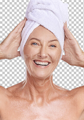 Buy stock photo Portrait of a mature caucasian woman wearing a towel on her head after enjoying a refreshing shower. Older model using hair a deep conditioner treatment while posing against a grey copyspace background