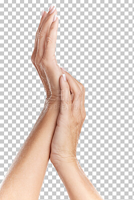 Buy stock photo Closeup of unknown caucasian woman with soft skin showing manicured hands while isolated against a grey studio background. Two feminine hands raised and touching after beauty treatment
