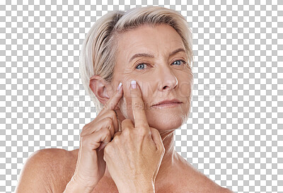 Buy stock photo Acne or pimple popping senior woman while doing a skincare beauty treatment for healthy and clear skin. Portrait of happy old, mature or elderly female squeezing a spot on her face