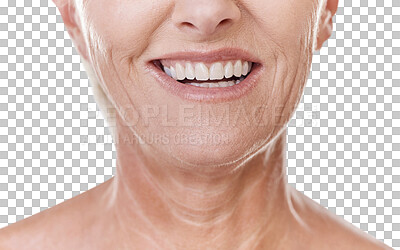 Buy stock photo Senior woman with perfect white teeth, dental or Invisalign results and happy mouth closeup in studio. Mature model with a smile for good dentistry health insurance or excellent oral hygiene service