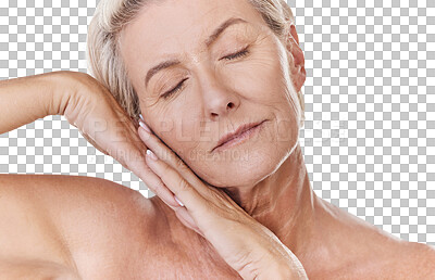 Buy stock photo Skincare, beauty and wellness with health, skin and face of a senior woman in a studio on a purple background. Relax, spa and skin care with an elderly, calm model feeling healthy, happy and natural