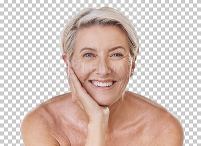 Buy stock photo Portrait of a happy smiling mature caucasian woman looking positive and cheerful while caring for her skin in a studio against purple copyspace background. Older woman doing her skincare routine