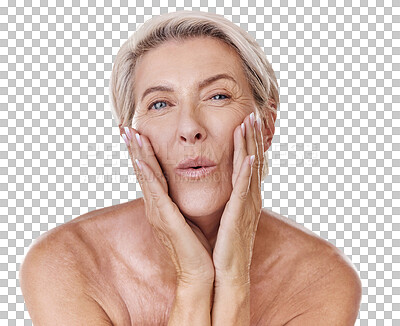 Buy stock photo Happy, fun or mature skin care beauty model on studio background and grooming face with manicure hands. Portrait of beautiful woman with wellness, healthy or natural skincare with makeup or cosmetics