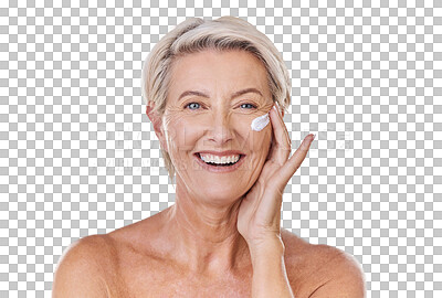 Buy stock photo Portrait of one happy mature caucasian woman posing topless against a purple copyspace background. Ageing woman applying cream, moisturiser, sunblock during a skincare routine in a studio