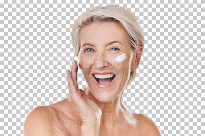 Buy stock photo Beauty, skincare and wellness with a senior woman applying lotion, sunscreen or serum to her face in studio on a grey background. Health, skin care and motivation with a beautiful and healthy model
