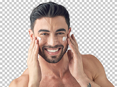Buy stock photo Studio shot of a handsome young man posing with moisturiser on his face