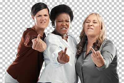 Buy stock photo Shot of a diverse group of women standing together in the studio and pulling the middle finger