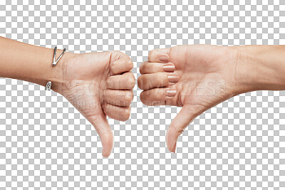 Buy stock photo Cropped shot of two unrecognizable women showing a thumbs down in the studio