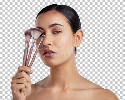 Buy stock photo Studio shot of a beautiful woman holding up a set of make-up brushes