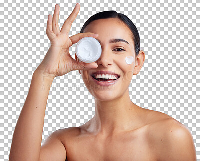 Buy stock photo Studio shot of a beautiful woman holding up a skincare product