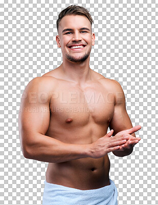 Buy stock photo Studio portrait of a muscular young man posing in a towel against a grey background