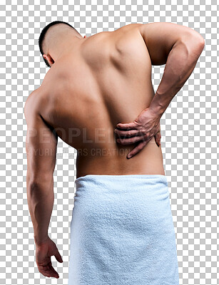 Buy stock photo Rearview shot of an unrecognizable man experiencing backache after his shower against a grey background